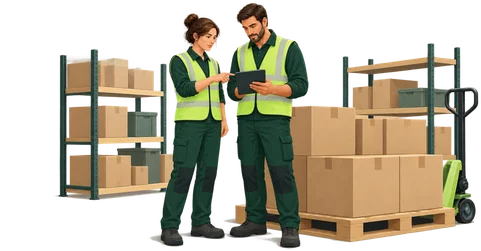 Illustration : deux opérateurs logistiques font le point devant des rayonnages